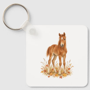 Chestnut Foal in Autumn Meadow Keychain