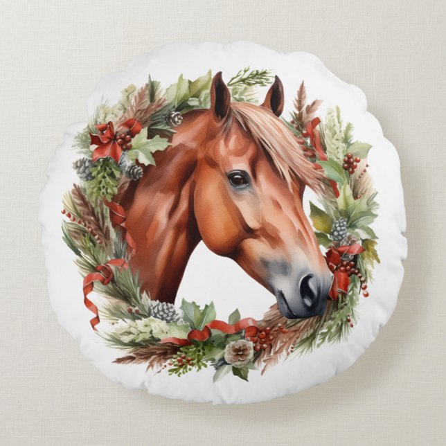 Chestnut horse and Christmas Wreath Watercolor Round Pillow (Front)