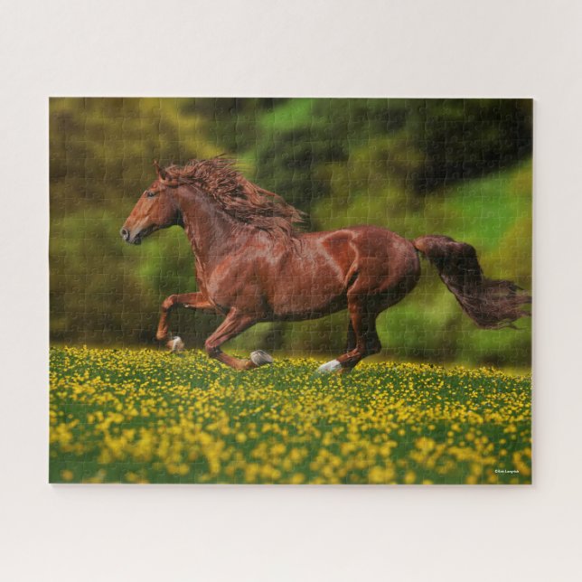 Chestnut Lusitano Running In Buttercups Jigsaw Puzzle (Horizontal)