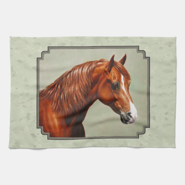 Chestnut Morgan Horse Sage Green Kitchen Towel (Horizontal)