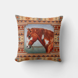Chestnut Pinto Horse Southwest Indian Design Throw Pillow