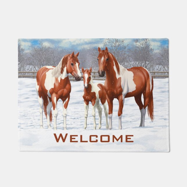 Chestnut Pinto Sorrel Paint Quarter Horses In Snow Doormat (Front)