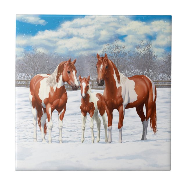 Chestnut Pinto Sorrel Paint Quarter Horses In Snow Tile (Front)