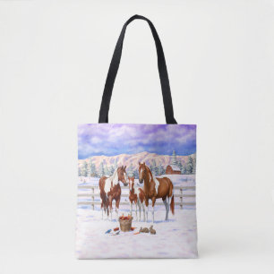 Chestnut Pinto Sorrel Paint Quarter Horses In Snow Tote Bag
