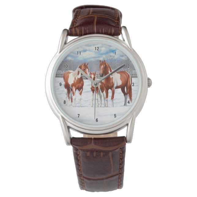 Chestnut Pinto Sorrel Paint Quarter Horses In Snow Watch (Front)