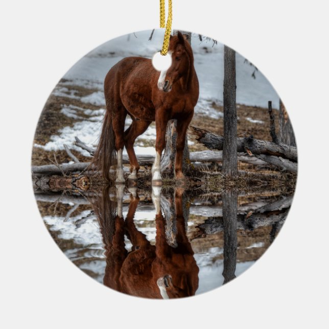 Chestnut Ranch Horse and Pond Reflection Ceramic Ornament (Front)