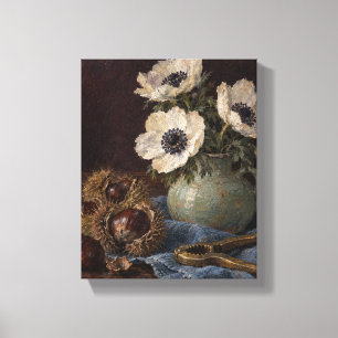 Chestnuts and Anemones on Blue Linen - Autumn Stil Canvas Print