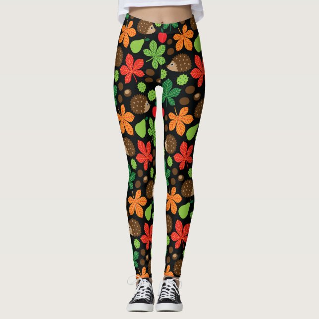 Chestnuts & Hedgehog Seamless Pattern Leggings (Front)