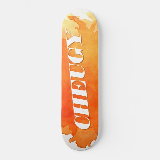 Cheugy Orange Paint Splatter Skateboard (Front)