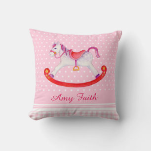 Cheval à rocher aquarelle rose nom enfants coussin