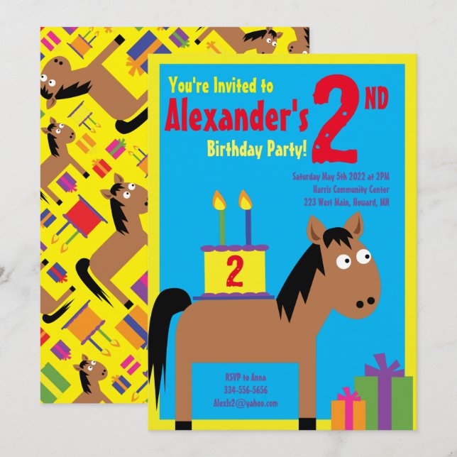 Cheval Animal Enfant's Birthday Party Invitations (Devant / Derrière)