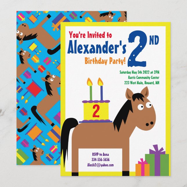 Cheval Animal Enfant's Birthday Party Invitations (Devant / Derrière)