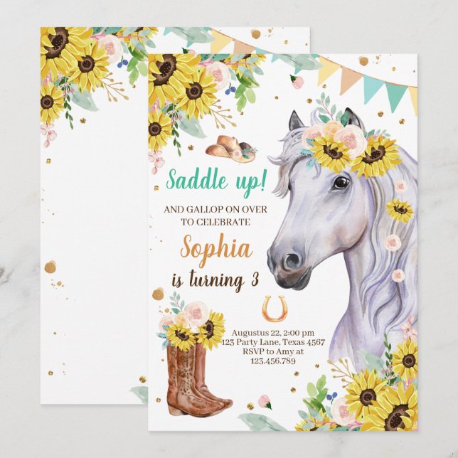 Cheval Anniversaire Invitation fille fille Fille d (Devant / Derrière)