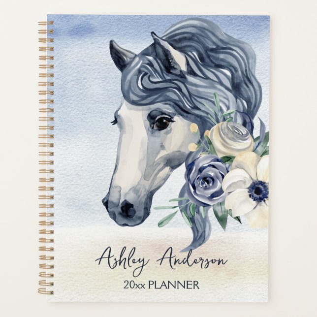 Cheval bleu gris avec fleurs nom personnalisé (Devant)