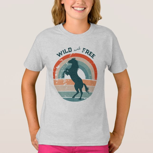 Cheval bleu Retro Arc-en-ciel Wild T-shirt gratuit (Devant)
