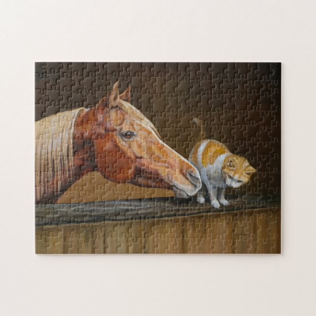 Cheval d'Arabie avec chat de grange Puzzle équestr (Horizontal)