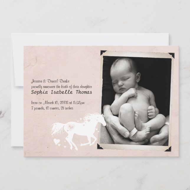 Cheval de Coeur Baby Girl Faire-part de naissance (Devant)