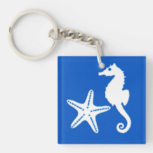 Cheval de mer et poisson d'eau - blanc sur bleu co