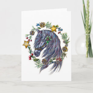 Cheval de Noël avec carte de couronne de vacances
