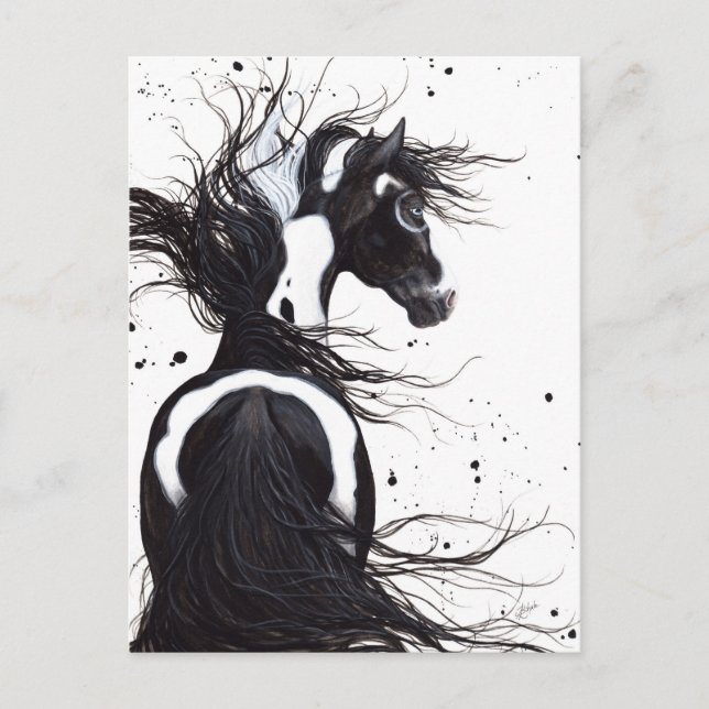 Cheval de peinture noir blanc Pinto par carte post (Devant)