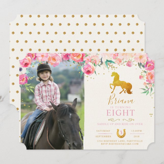 Cheval d'or aux fleurs Photo Invitation d'annivers (Devant / Derrière)