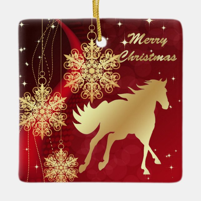 Cheval d'or Joyeux ornement en céramique de Noël (Devant)