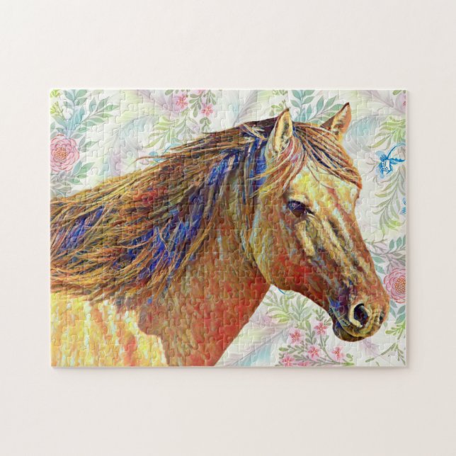 Cheval d'or sur le puzzle à motifs floraux (Horizontal)