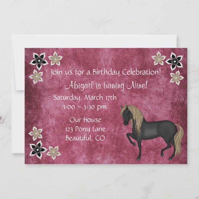 Cheval et Fleurs Invitation Anniversaire ~ Filles (Devant)