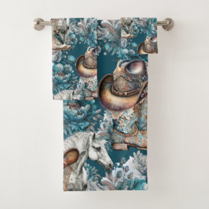 Cheval fille cowgirl motif floral turquoise