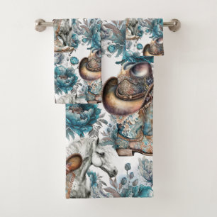 Cheval fille cowgirl motif floral turquoise