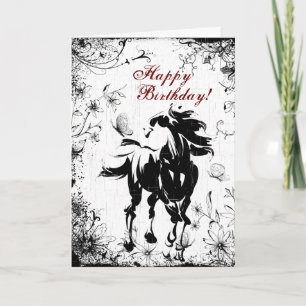 Cheval, Fleurs et Papillons Bonne Carte d'Annivers