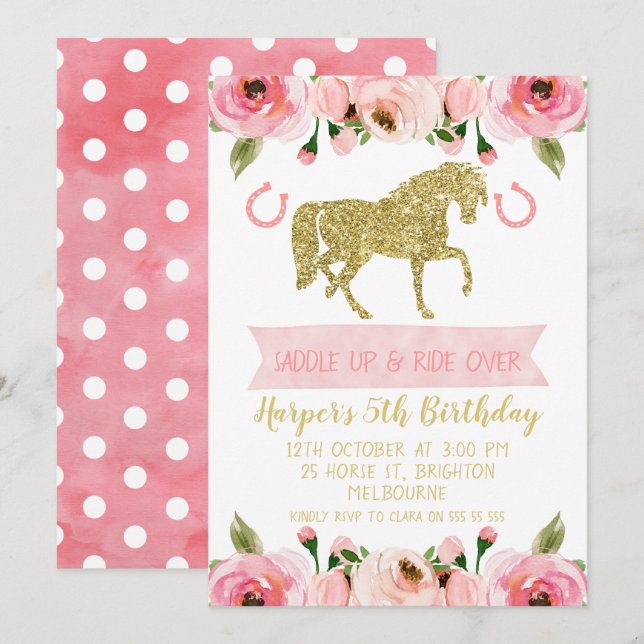 Cheval Floral Rose or Invitation de fête d'anniver (Devant / Derrière)