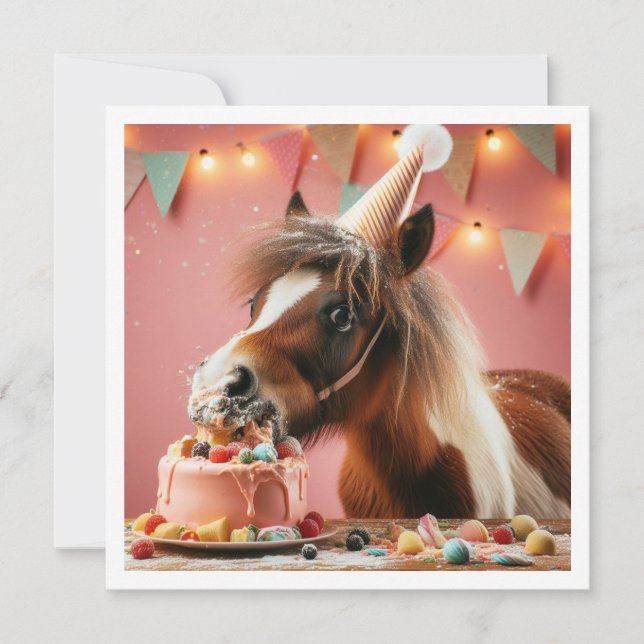Cheval manger gâteau invitation anniversaire, Amat (Devant)