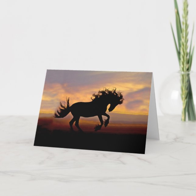 Cheval noir au coucher du soleil Carte de voeux vi (Devant)