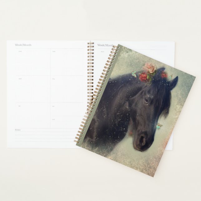 Cheval Noir Cheval Friesen - Calendrier, Planifica (Devant avec enveloppe)