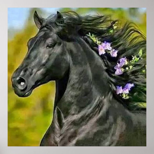 cheval noir crinière fleurie, Papier poster (mat) (Front)
