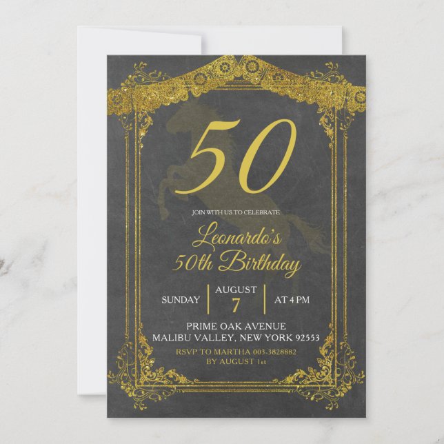 Cheval noir et or Adulte Invitation d'anniversaire (Devant)