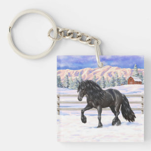 Cheval Noir Friésien En Neige