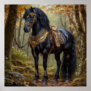Cheval noir majestueux dans les décorations d'or r