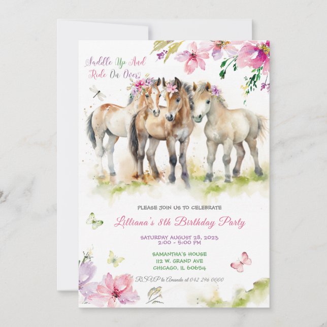 Cheval rose violet Invitation Anniversaire (Devant)