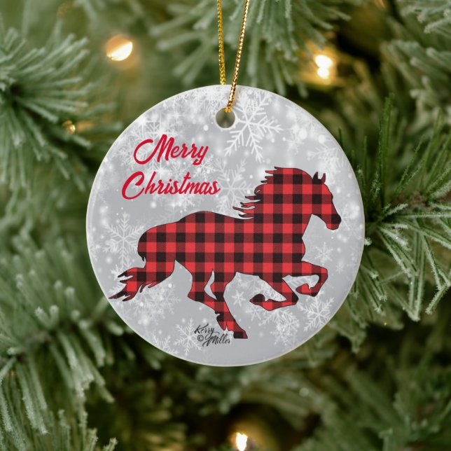 Cheval rouge et noir Plaid Ornement en céramique d (Arbre)