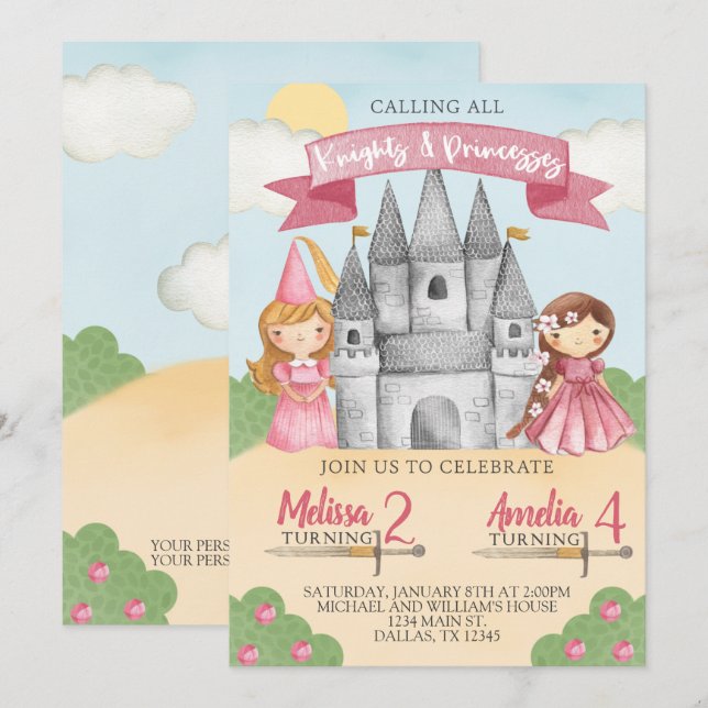 Chevalier et princesse Anniversaire Invitation Pin (Devant / Derrière)