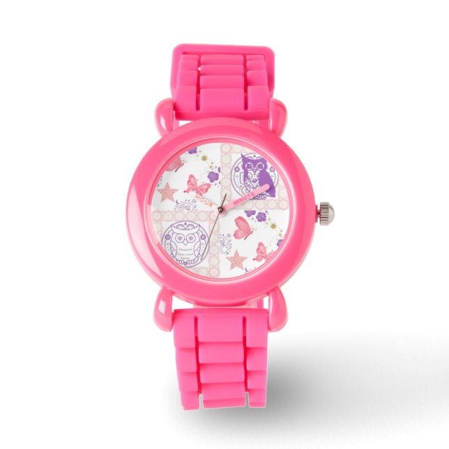 Chevêches doubles et papillons Montre enfants rose (Recto)