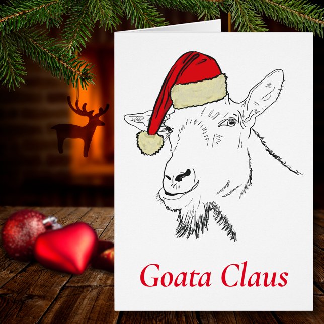 Chèvre amusant Père Noël Slogan et dessin (Christmas goat wearing a Santa hat funny Goata Claus farm animal line art holiday greetings card)