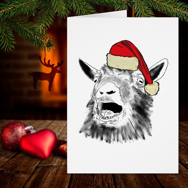 Chèvre Hurleuse de Noël (Funny Christmas screaming goat wearing a santa hat farm animal art holiday greetings card)