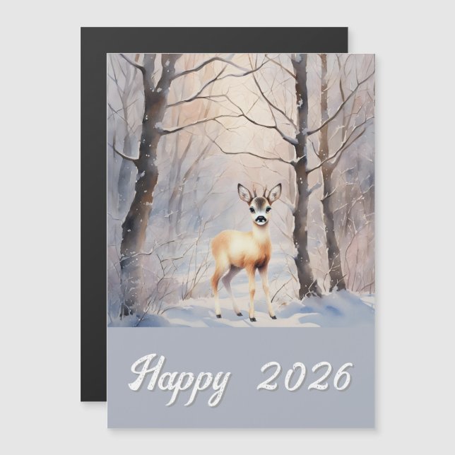 chevreuils en hiver - Bonne carte magnétique 2026 (Devant / Derrière)