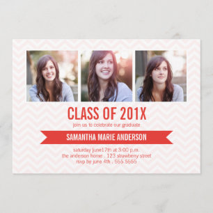 Chevron 3 Photo Graduation Invitation - Red
