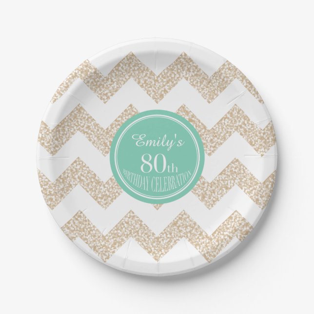 Chevron 80th Birthday Paper Plates Choose Colour (Front)