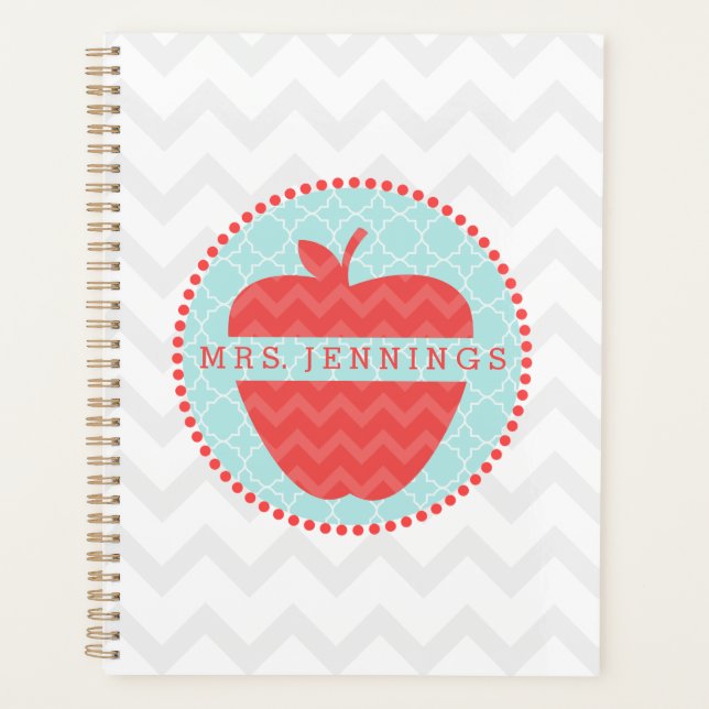 Chevron Apple Quatrefoil Personalized Teacher Planner (Front)