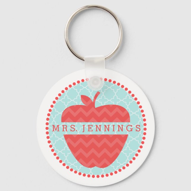 Chevron Apple Quatrefoil Teacher Keychain (Front)